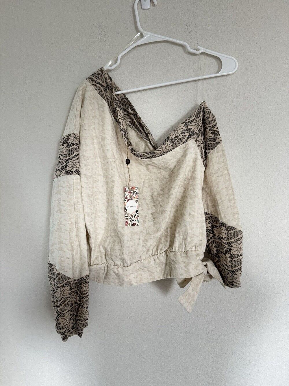 Nwt Gimmick Off Shoulder Side Tie Loose Fit Boho Top Linen Blend Lagenlook Sz S